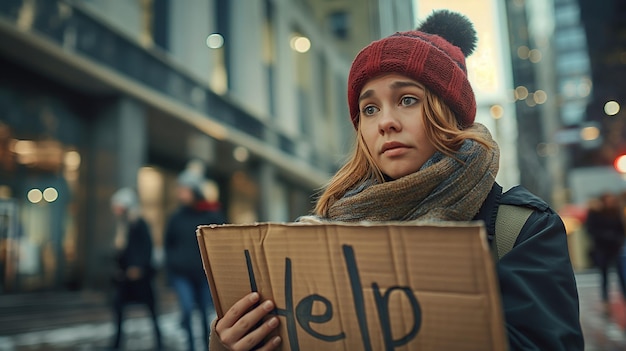 Homeless Woman Holding a Help Sign in the City