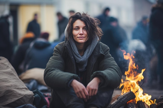 Homeless woman sits on the street near the bonfire