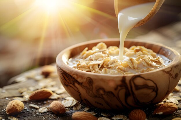 Homely Breakfast Moment Milk Being Poured into Oatmeal Milk is poured into oatmeal in a wooden bowl