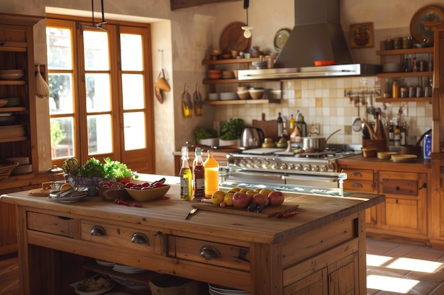 Homely and Inviting Kitchen with Wooden Cabinets and Fresh Ingredients for Cooking