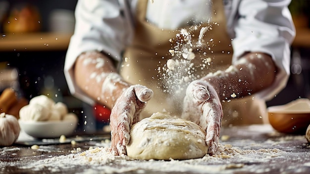 Homely Rustic Kitchen Chef Kneading Dough on Table