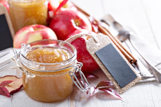 Homemade apple butter in glass jars