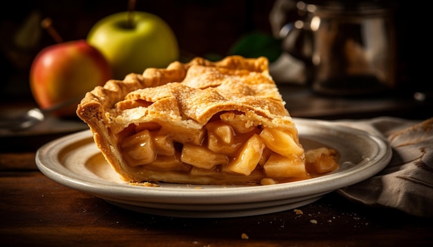 Homemade apple pie on rustic wooden plate generated by AI