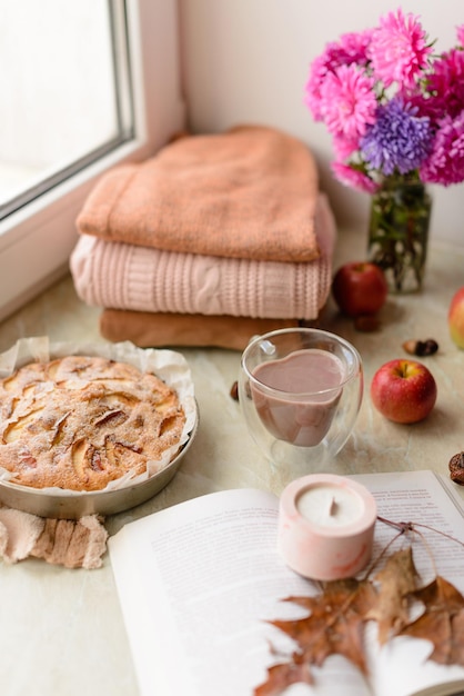 Homemade apple pie on a white background near the window closeup and copy space