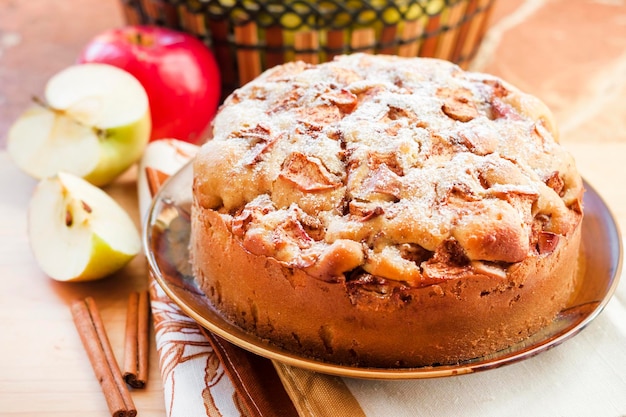 Homemade apple pie with cinnamon on the plate and green and red apples in the background