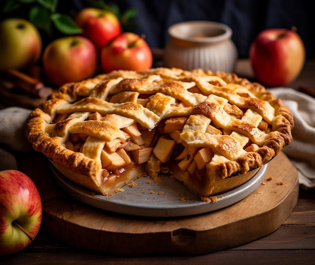 A homemade apple pie with a flaky crust