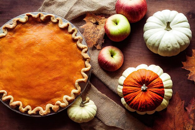 Homemade apple pie with pumpkin autumn pastries on table