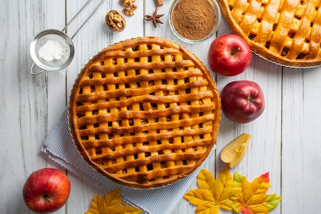 Homemade Apple Pies on a white wooden background, top view. The classic fall Thanksgiving dessert - organic apple pie.