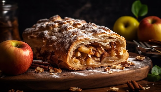 Homemade apple strudel baked with walnut generated by AI