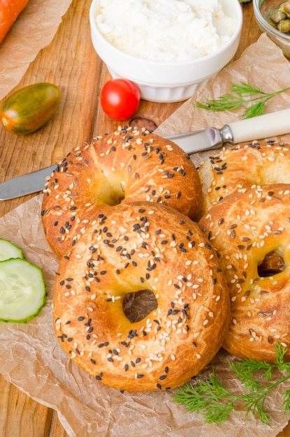 Homemade bagels with ingredients for making sandwich