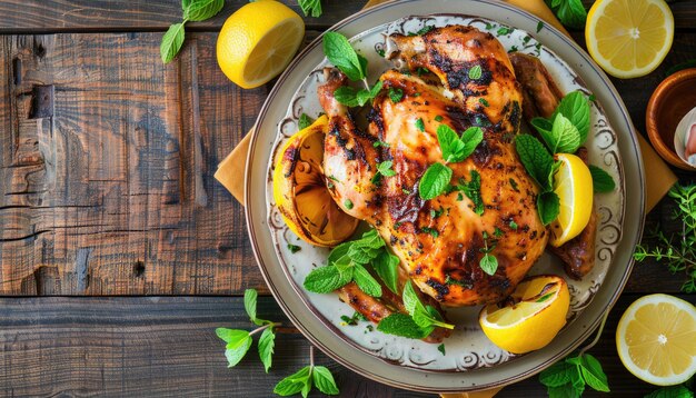 Photo homemade baked chicken with lemon and mint on plate on wooden table top view