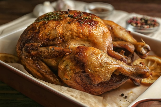 Homemade baked chicken with lemon on table