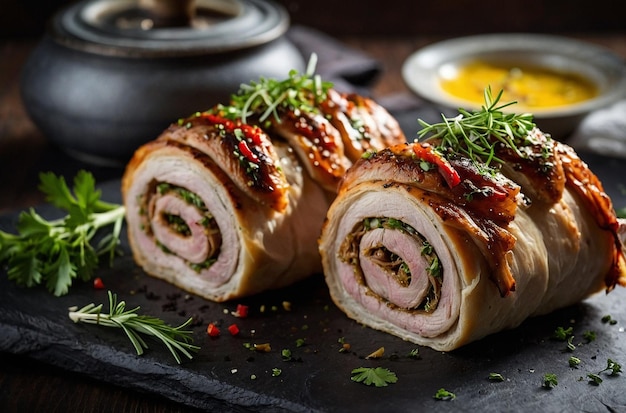 Photo homemade baked porchetta in rolls with several herbs pepper and garlic