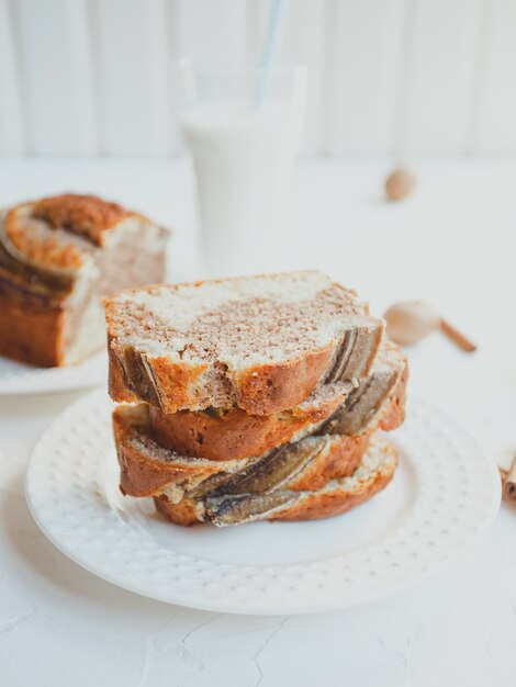 Homemade banana bread with cinnamon and walnuts