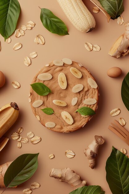 Homemade Banana Oat Flour Cake Served on Plate on brown background flat lay