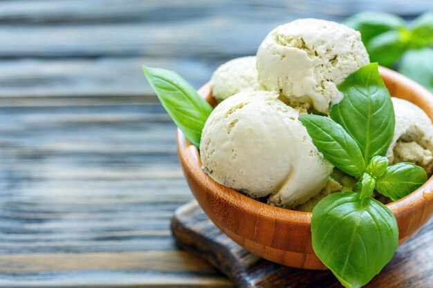 Homemade basil ice cream in a bowl