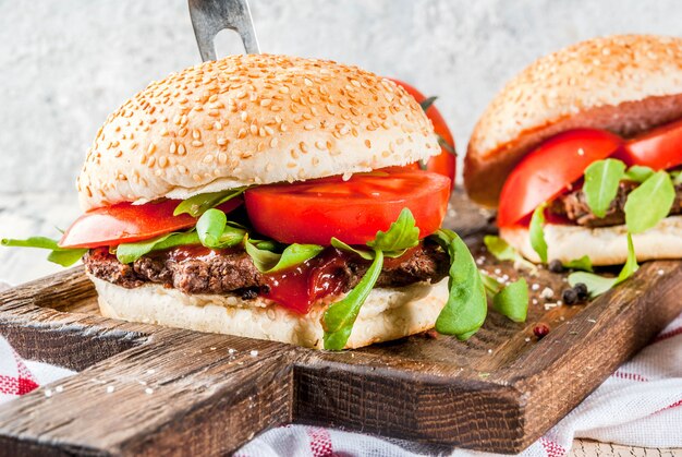 Homemade bbq beef meat sandwich burger with fresh vegetables 