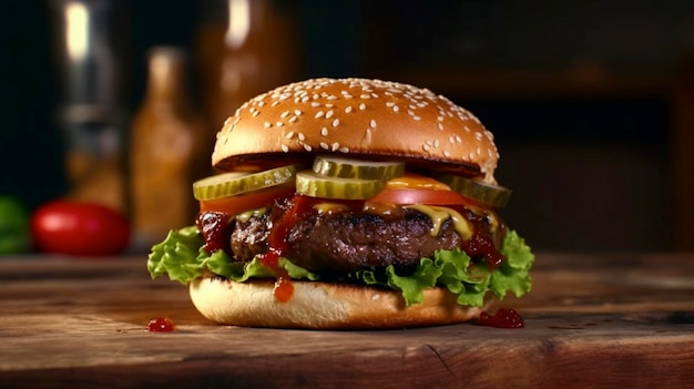 Homemade Beef Burger showcased on a Wooden Table