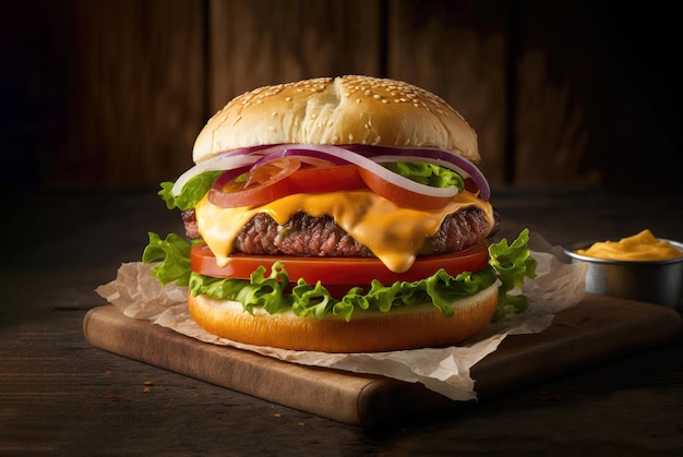 Homemade beef burger with cheese tomato lettuce and onion on rustic background Generative AI