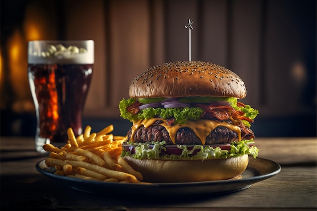 Homemade Beef Burger with Crispy Bacon, Cheese, Vegetables, Fries and Beer, Generative ai