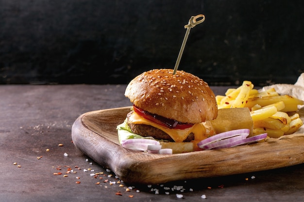 Homemade beef burger with french fries