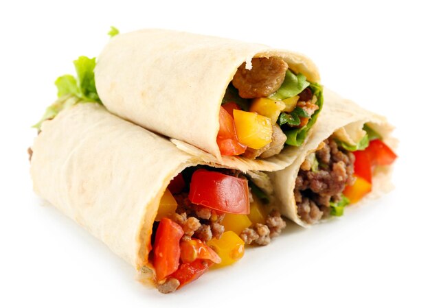 Homemade beef burrito with vegetables and tortilla isolated on white