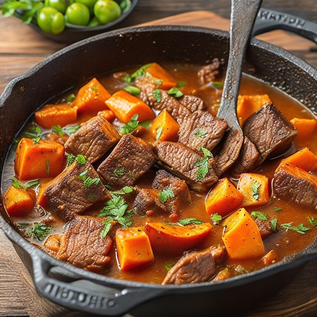 Homemade beef stew braised on cast iron grill organic spice Generated by AI 8k