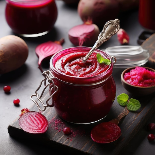 homemade beetroot jam on kitchen background