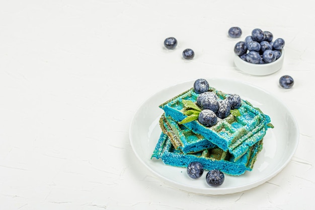 Homemade Belgium Waffles with blueberries Glutenfree blue dessert fresh fruits and mint