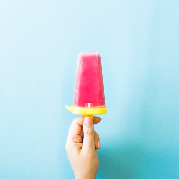 Homemade berry ice cream in a plastic mold in a female hand 