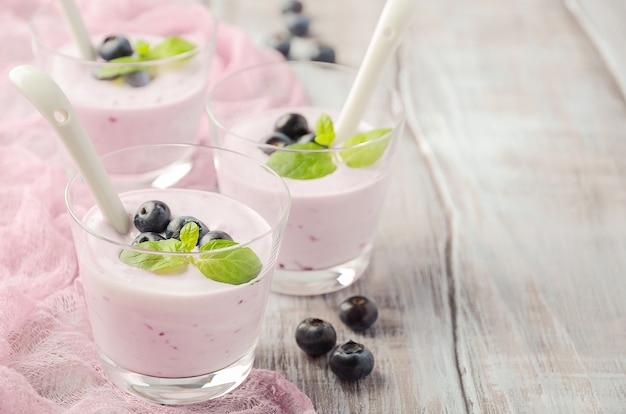 Homemade blueberry yogurt with blueberries and mint.