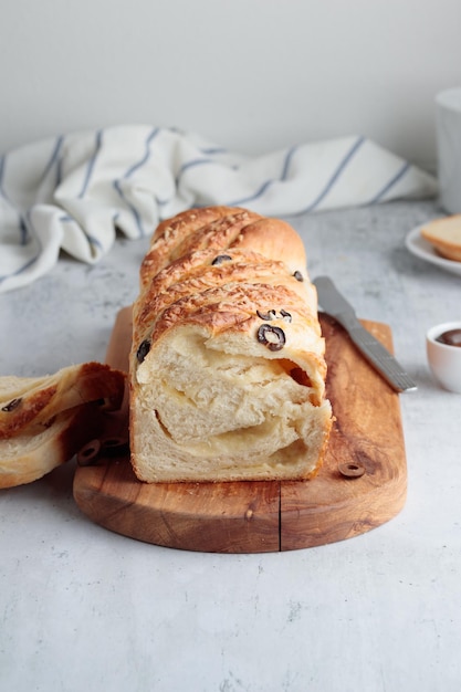 Homemade bread with cheese and olives