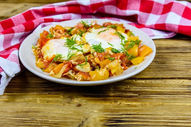 Homemade breakfast shakshuka with fried eggs onion bell pepper tomatoes and dill on a wooden table Jewish cuisine