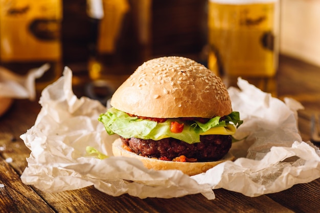 Homemade Burger on Kraft Paper