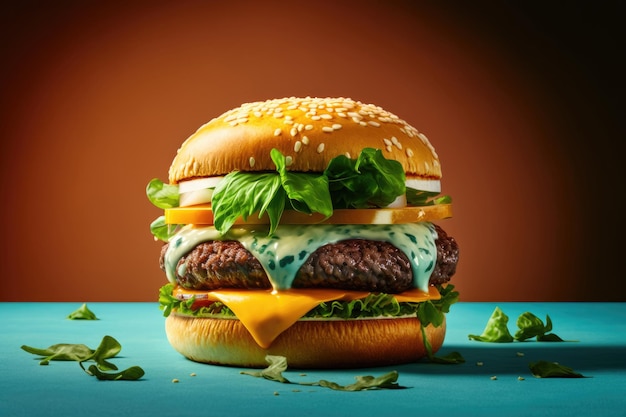 Homemade burger with double beef patties cheese and salad Illustration AI Generative