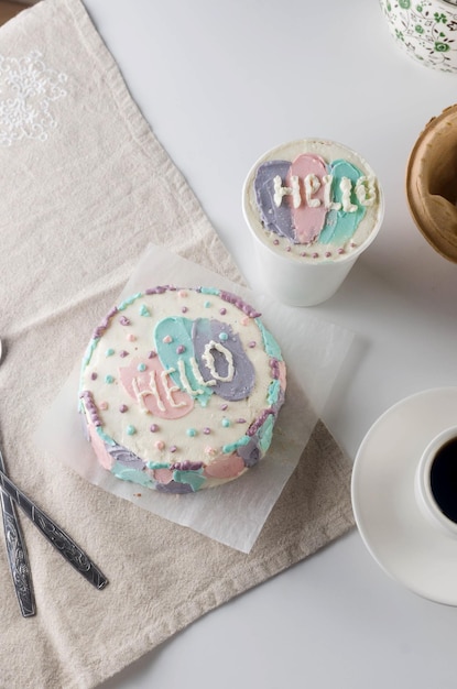 Homemade cake to go in white disposable coffee cups new confectionery trend