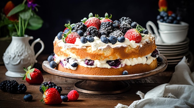 Homemade cake with fresh berries on a wooden background Selective focus Generative AI