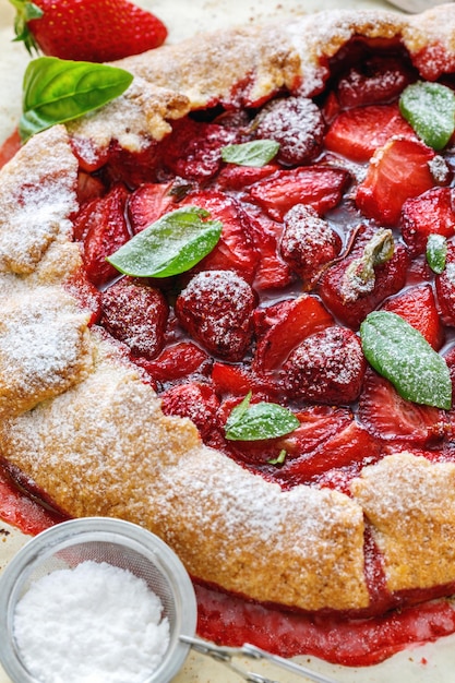 Homemade cake with strawberries and basil