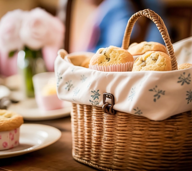 Homemade cakes muffins in a vintage wicker basket Generative Ai