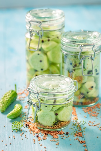 Homemade canned cucumber with allspice and mustard