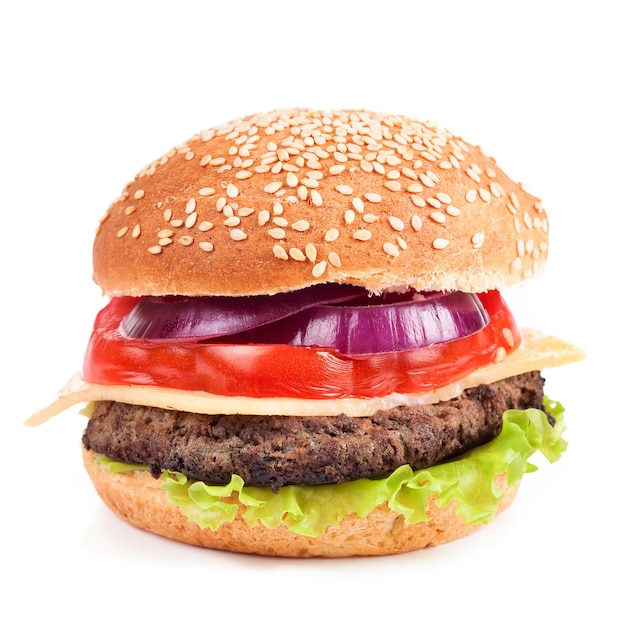 Homemade cheeseburger with beef patties and fresh salad on seasame buns, isolated.