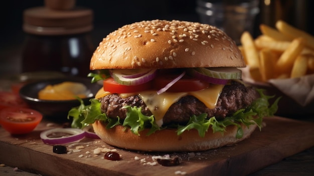 Homemade cheeseburger with cheese and vegetables served with french fries and salad Generative AI