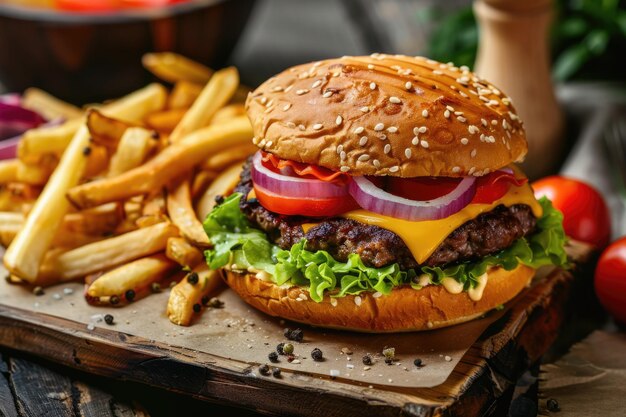 Homemade cheeseburger with cheese and vegetables served with french fries and salad