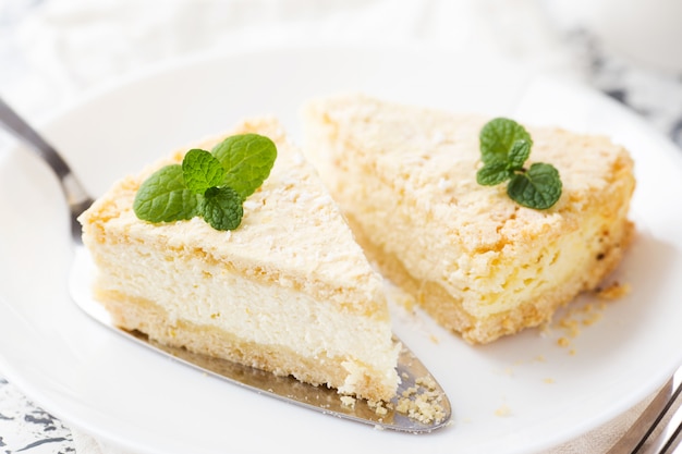 Homemade cheesecake with cottage cheese on a white plate decorated mint leaves