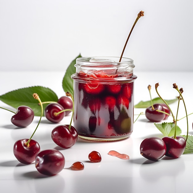 Homemade cherry preserves or jam in a glass jar surrounded by fresh cherries