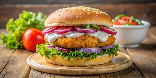 Homemade chicken burger with fresh vegetables and mayonnaise on wooden background AI generated