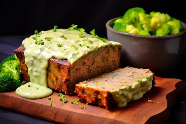 Photo homemade chicken meatloaf with green peas and broccoli