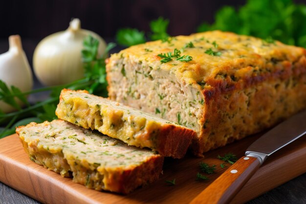 Photo homemade chicken meatloaf with green veggies