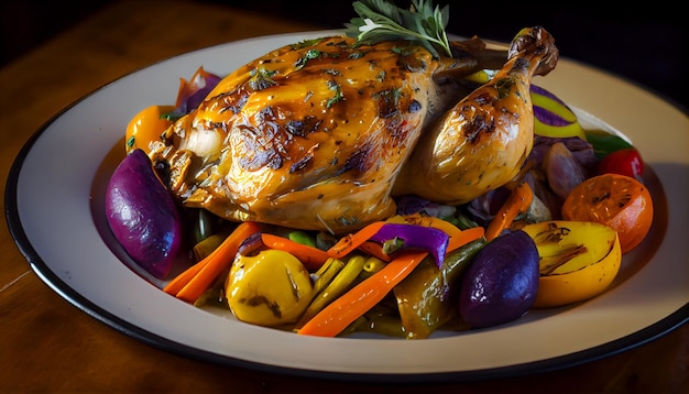 Homemade chicken rotisserie with vegetables closeup on a board on the table AI Generated