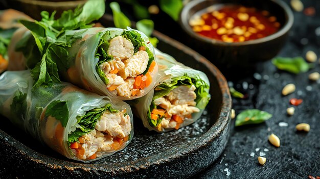 Photo homemade chicken spring rolls with fresh greens and sweet chili sauce